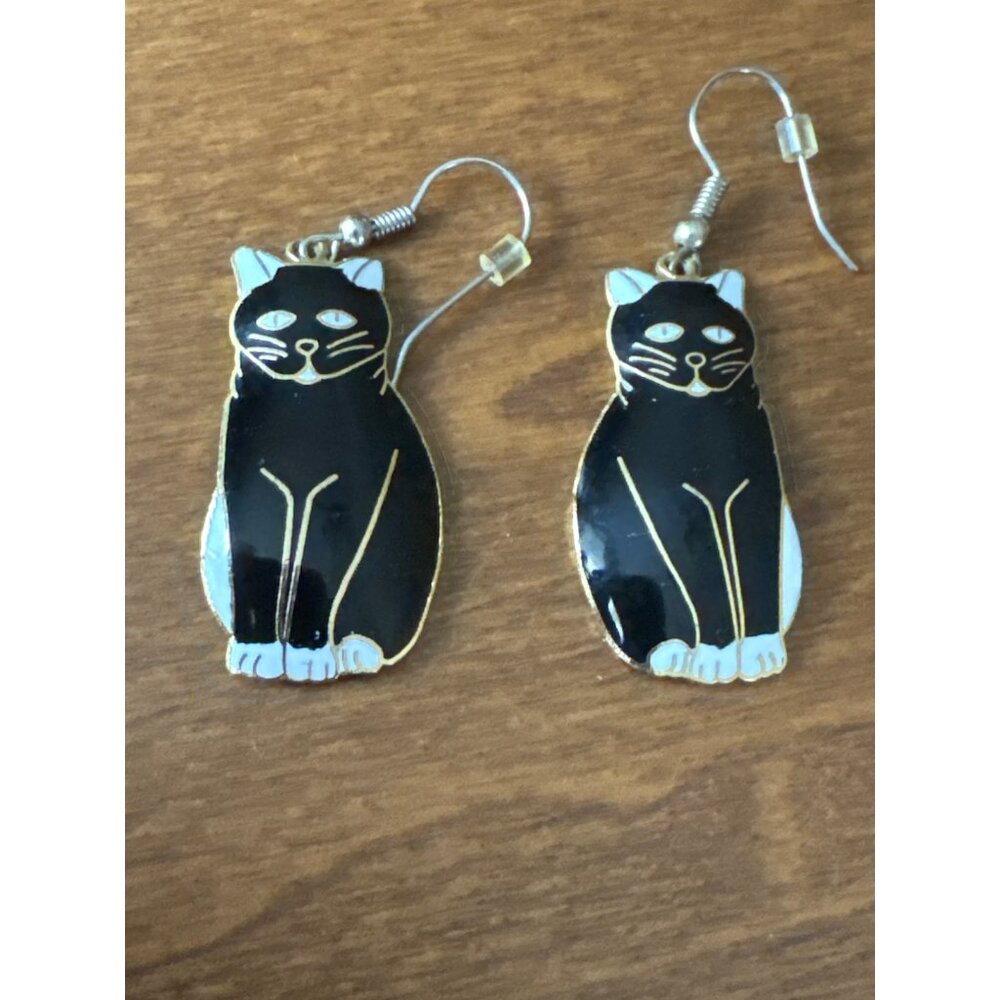 Black Cat Enamel Dangle Earrings